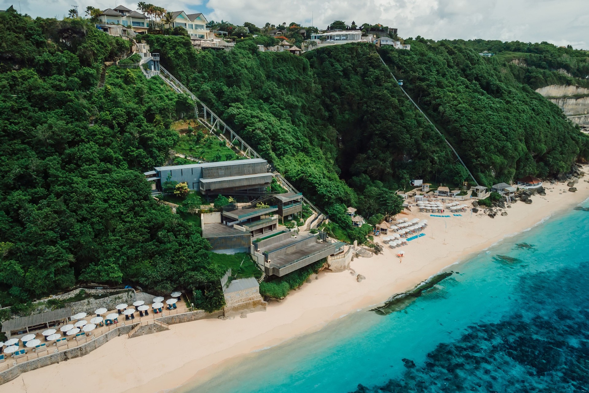 Aerial view of ocean and luxury beach resort in Bali